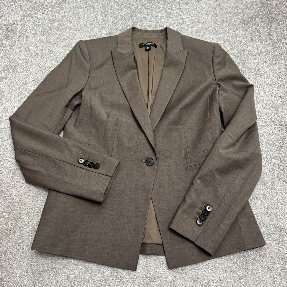 Ann Taylor Virgin Wool Blend Blazer Jacket Women 4P Brown Notch Lapel One Button